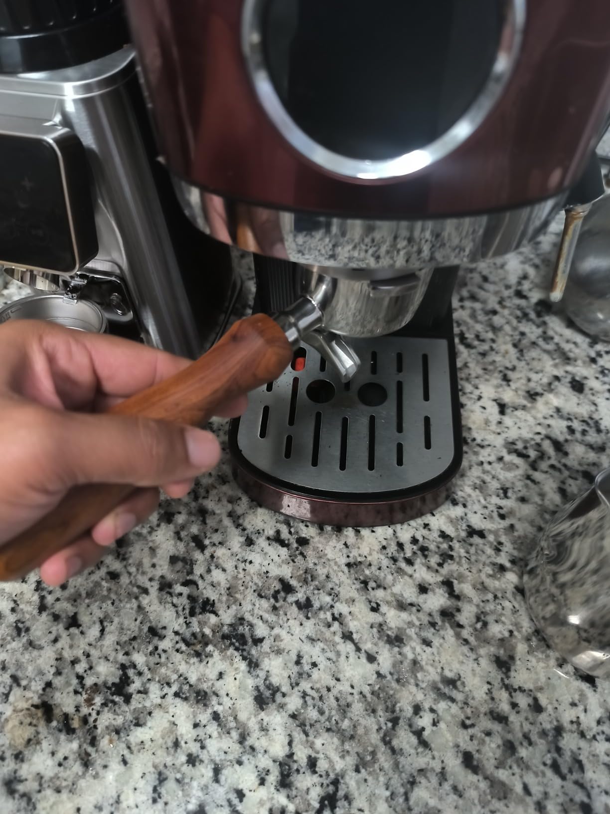 DIBTSA 58mm Espresso Portafilter Compatible with La Marzocco,Double Spouts 2 Ears, Stainless Steel Head and Filter Basket and Wood Handle customer photo 1