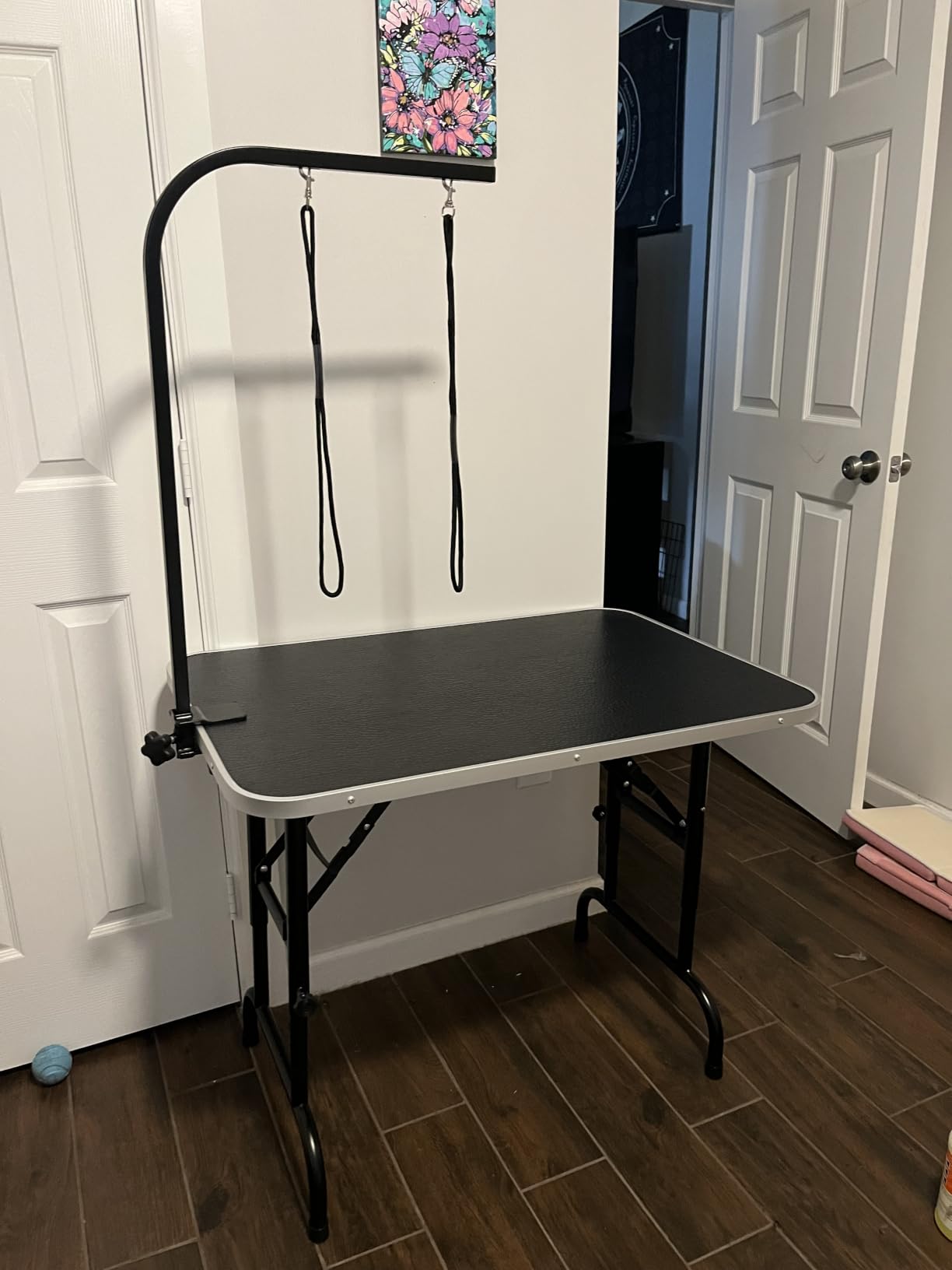 LEIBOU 45'' Height Adjustable(23''~33.8'') and Foldable Pet Dog Grooming Table Heavy Duty Iron Frame with H-Shape Grooming Arm & Noose, Maximum Capacity Up to 260lbs, Black customer photo 2