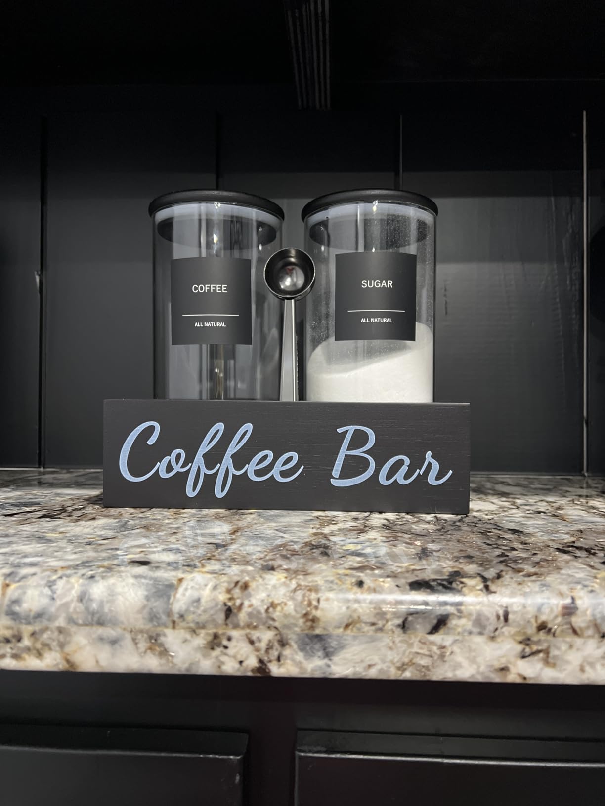 gmisun Coffee Container, 2 Pcs 50 Fl oz Airtight Bean Storage Canister, Black Glass Ground Coffee and Sugar Jar Set with Scoop/Shelf/Labels, Sugar/Tea Holder Containers for Cafe Bar Countertop customer photo 2