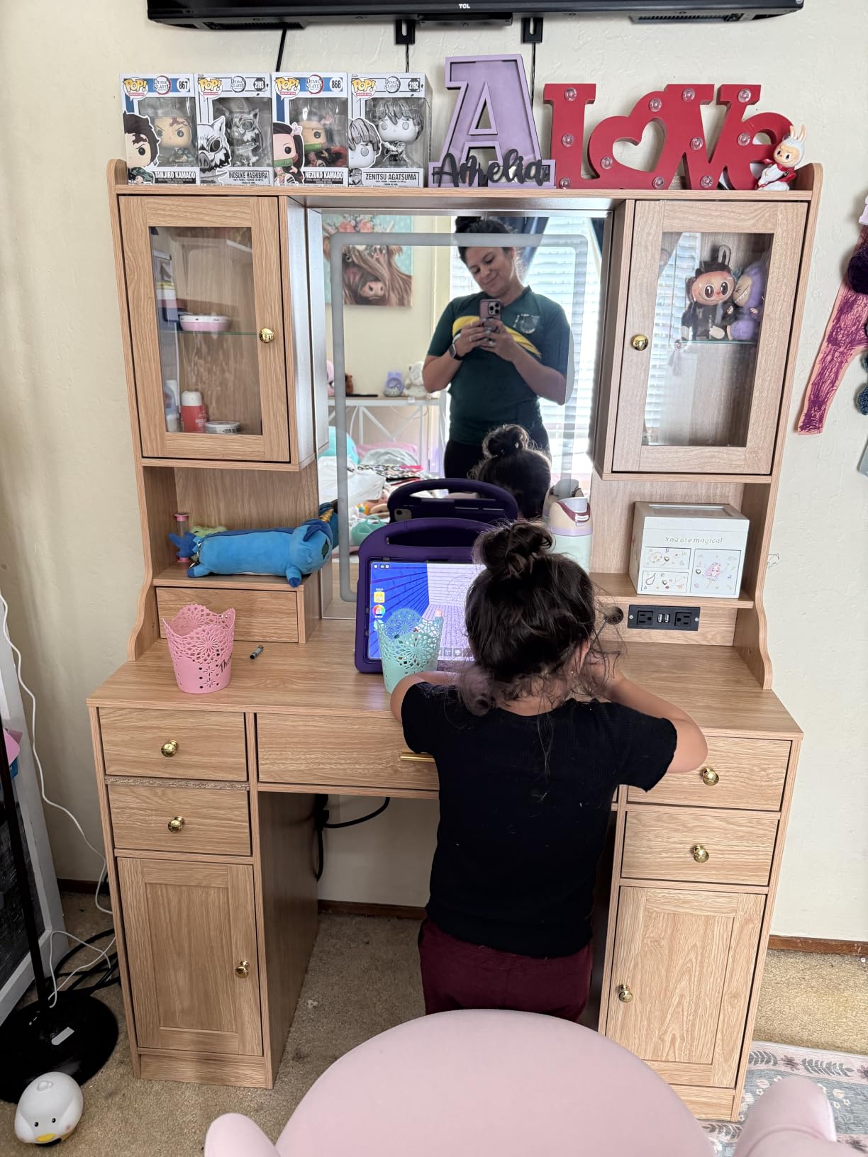 CSZZD White Makeup Vanity Desk with LED Mirror & RGB Cabinets customer photo 1