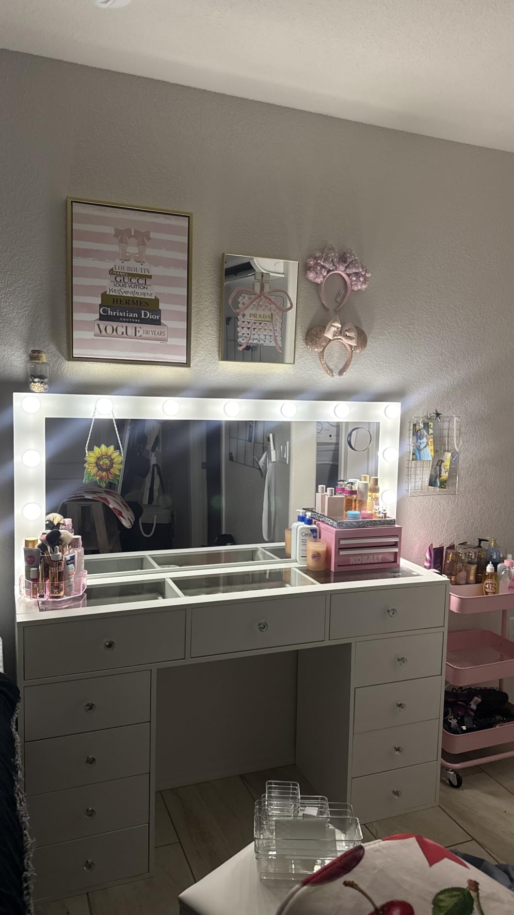 Yanosaku Vanity Desk with Glass Top & Power Outlets, Makeup Vanity with Mirror & 12 LED Lights, 11-Drawer Makeup Table with Chair, 3 Lighting Modes Brightness Adjustable, White customer photo 1