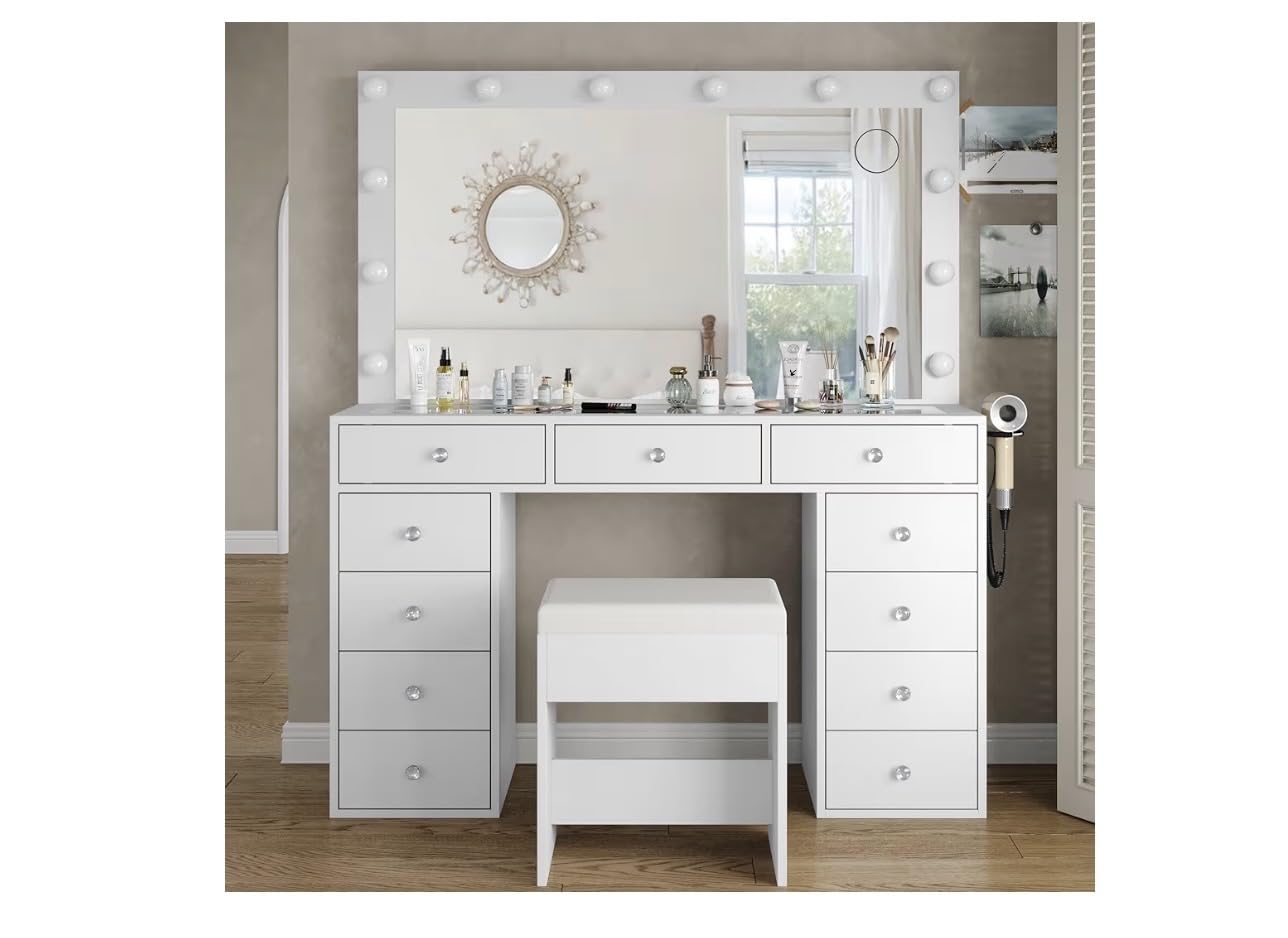 Yanosaku Vanity Desk with Glass Top & Power Outlets, Makeup Vanity with Mirror & 12 LED Lights, 11-Drawer Makeup Table with Chair, 3 Lighting Modes Brightness Adjustable, White customer photo 2