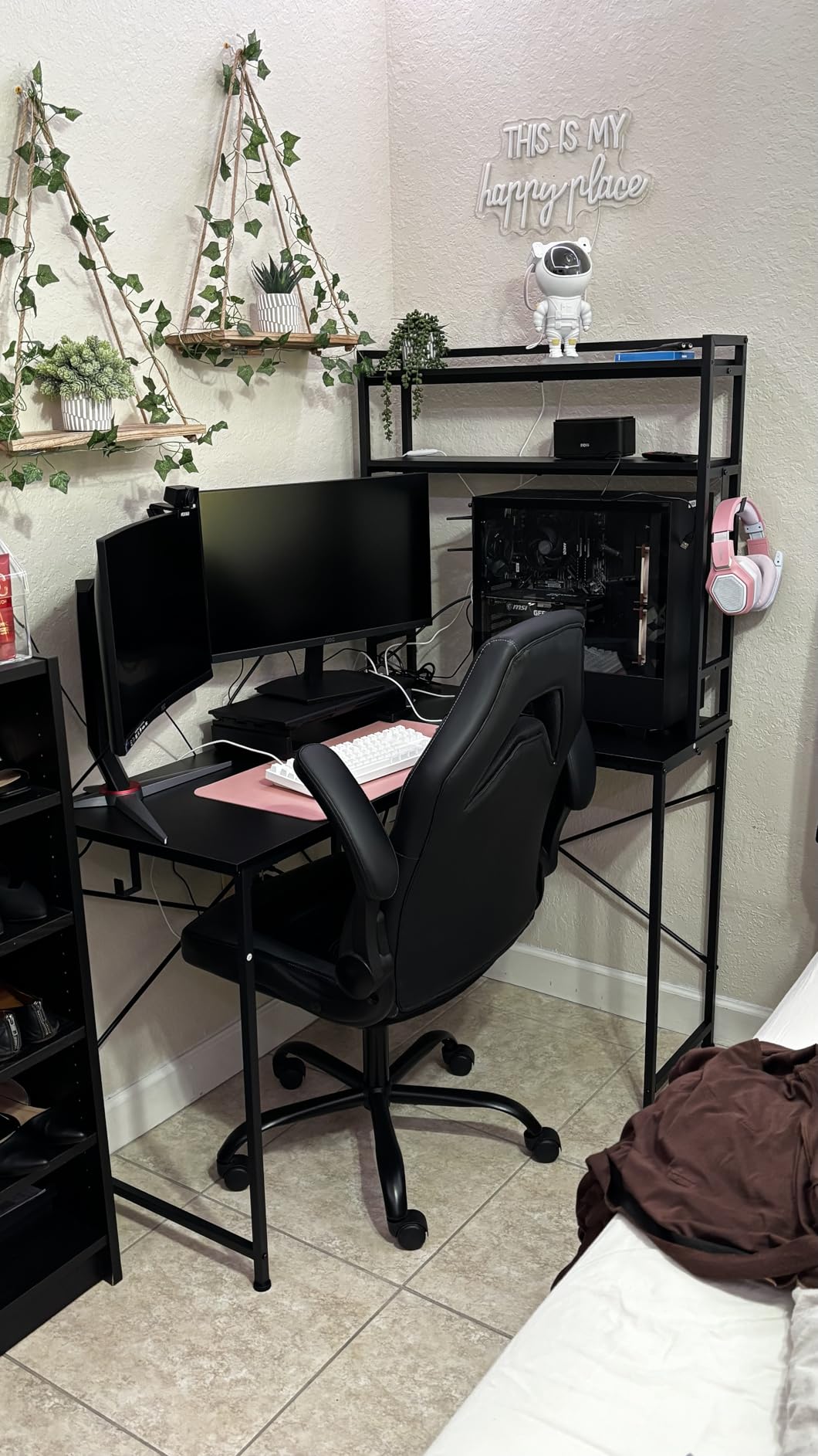 SEDETA L Shaped Gaming Desk, Reversible 45.3” Small Corner Desk with Power Outlet and LED Lights, Corner Gaming Desk with Storage Shelves, Hooks for Small Space, Black customer photo 1