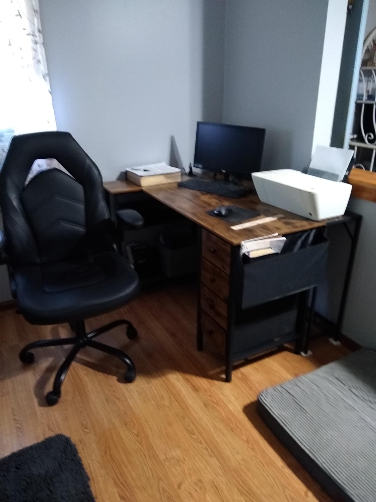 Lufeiya L Shaped Gaming Desk with Power Outlet, 47 Inch Reversible Corner Computer Desk with Drawers & Storage Shelves for Home Office Bedroom, L-Shaped Teen PC Desks with Fabric Drawer, Black customer photo 1