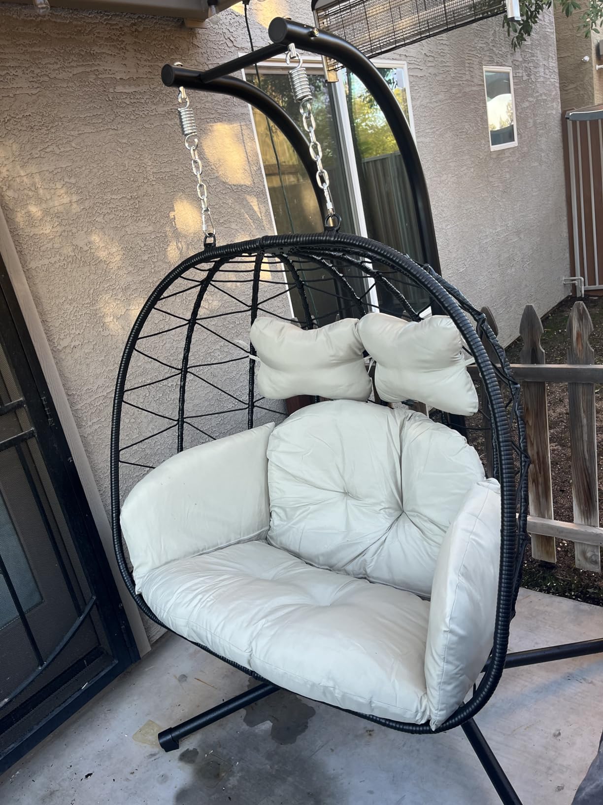 Double Egg Chair with Stand Hammock Swing Chair Foldable Hanging Loveseat, UV Resistant Removable Cushions, 700LBS Capacity for Bedroom, Balcony, Garden(BK-GR) customer photo 2