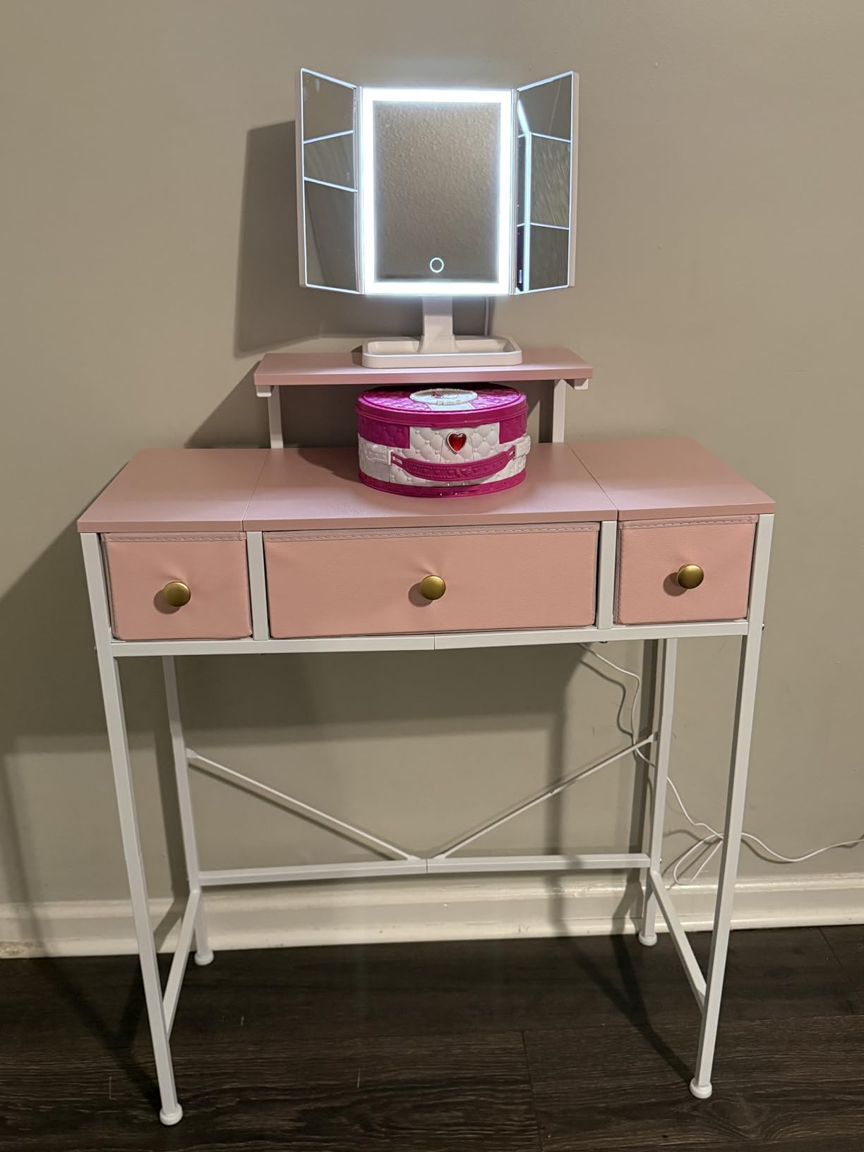 HIGDBFE Small Makeup Vanity Desk 27.5''W with Mirror and Lights, White customer photo 2
