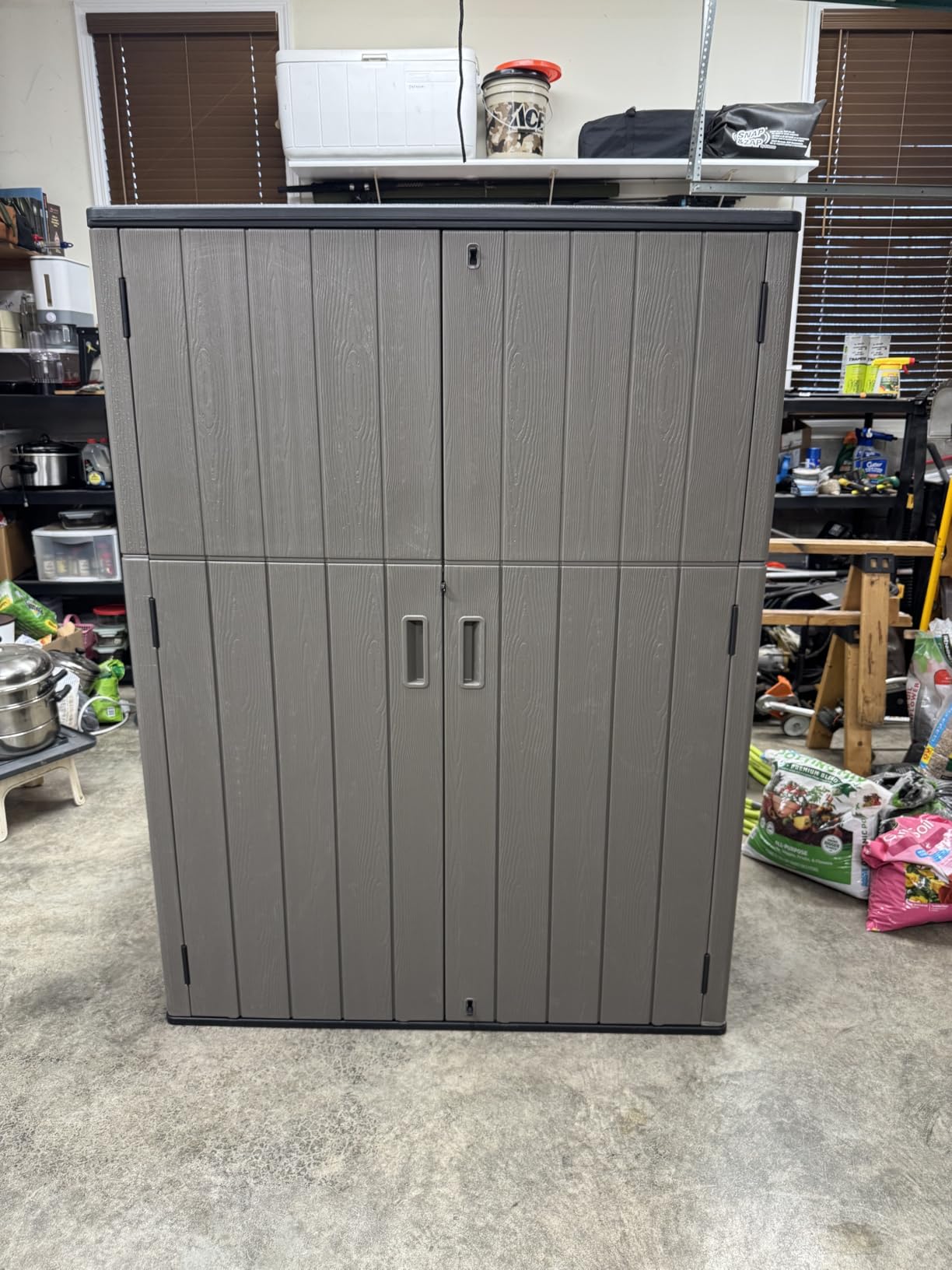KINYING Outdoor Vertical Storage Shed,57 Cu.ft Outdoor Storage Cabinet Waterproof,Resin Sheds & Outdoor Storage Clearance for Garden,Patio,Backyard,Lockable (Brown) customer photo 1
