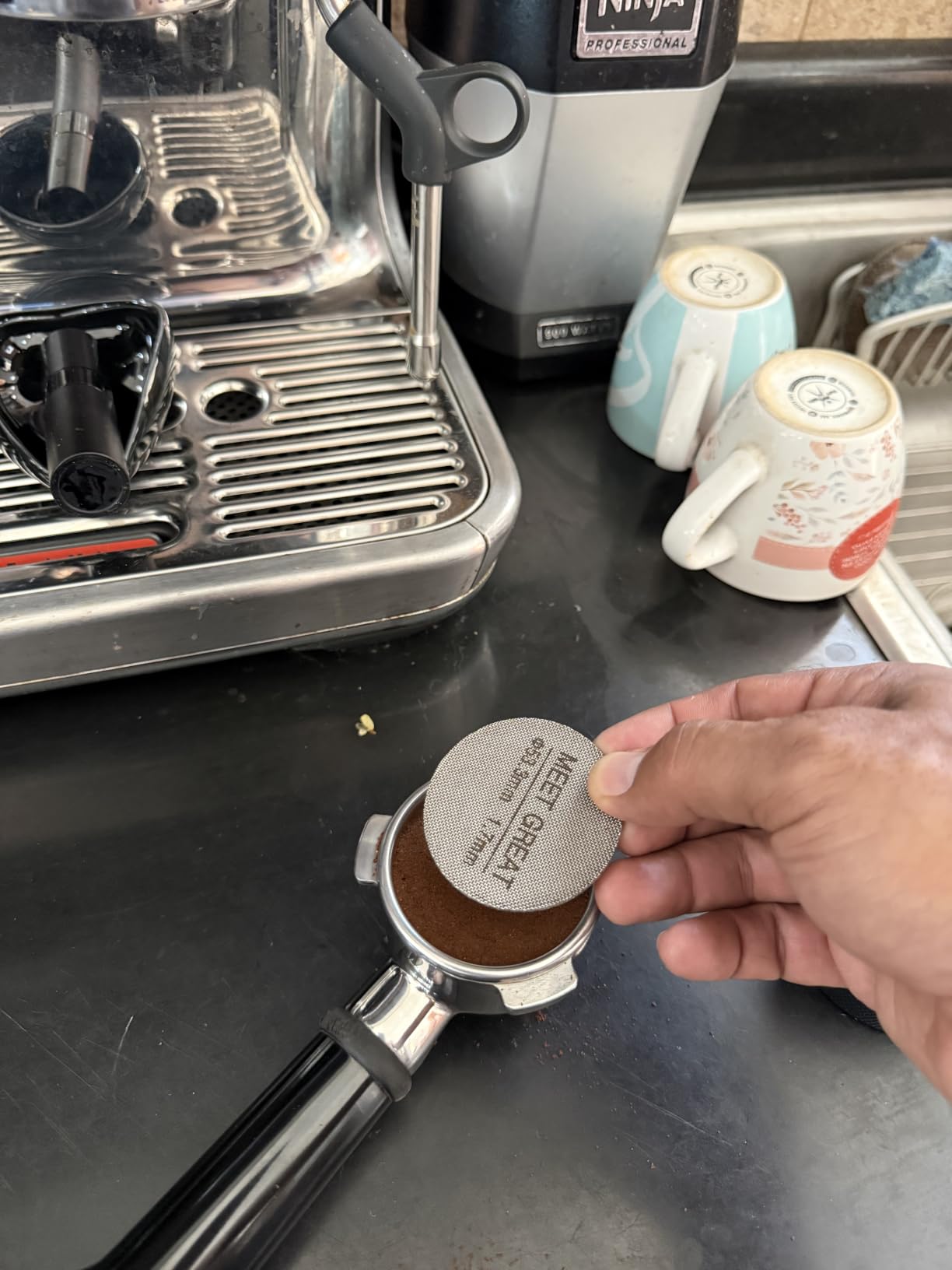 Meet Great- 2 Packs 53.3mm Espresso Puck Screen, 1.7mm Thickness 150μm 316L Stainless Steel, Upgraded Reusable Coffee Filter Screen for 54mm Breville Portafilter Filter Basket customer photo 1