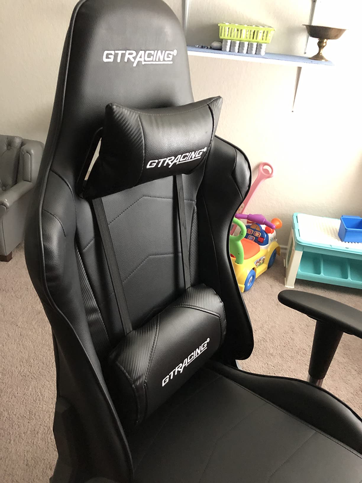 GTRACING Gaming Chair Racing Office Computer Ergonomic Video Game Chair Backrest and Seat Height Adjustable Swivel Recliner with Headrest and Lumbar Pillow Esports Chair (Dark Black) customer photo 1