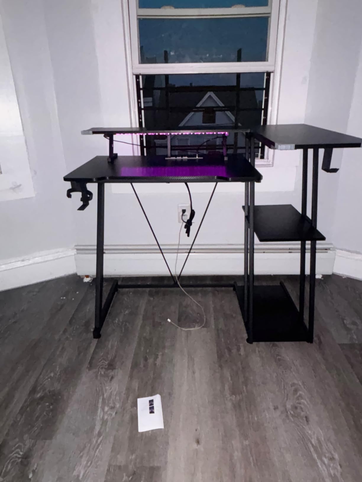 Korfile 40 Inch Gaming Desk with Power Outlet, LED, Carbon Fiber Black customer photo 2