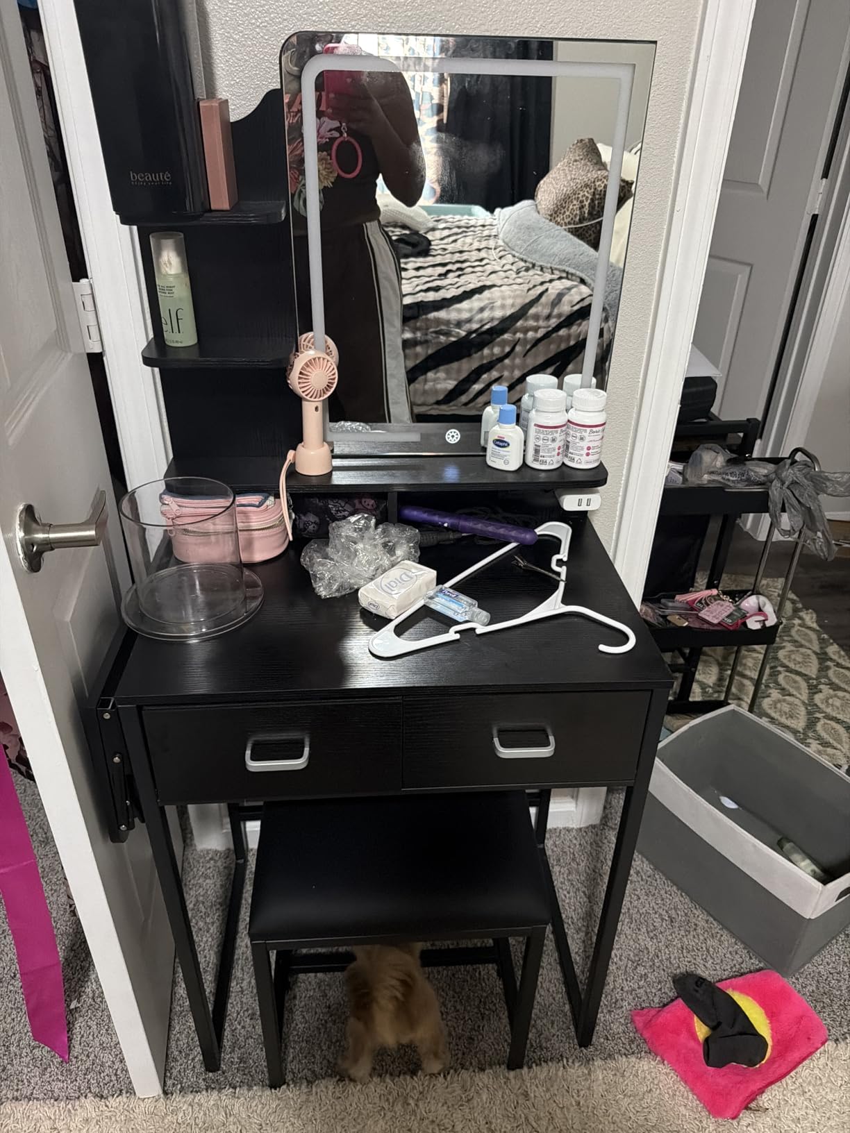 ALEXNUTRE Makeup Vanity Desk with Mirror and Lights, Small Vanity with Fabric Storage Drawer & Chair & Shelves, Vanity with Fold-up Panel and Power Outlet for Bedroom customer photo 2