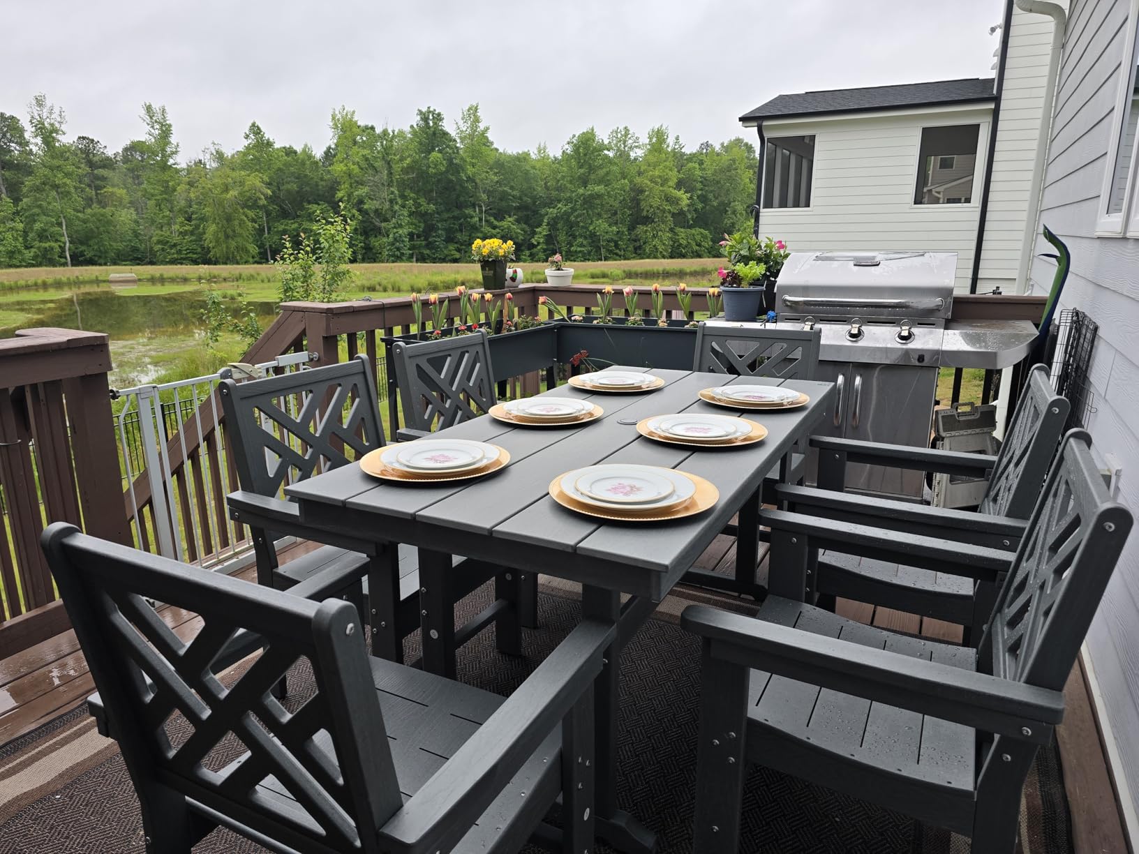9-Piece Outdoor Dining Set, HDPE Weatherproof Patio Table and Chairs Set for 8, Outdoor Patio Furniture Sets with Umbrella Hole for Outside, Deck, Backyard, Garden (Black) customer photo 2