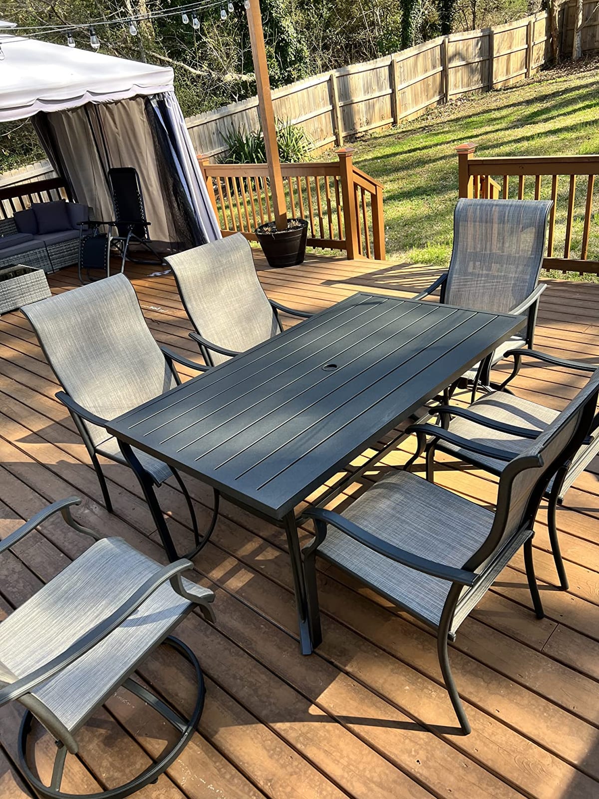 HAPPATIO Outdoor Patio Dining Set, 8 Quick Dry Textilene Dining Chairs and Dining Table with Umbrella Hole, Stackable Textilene Chairs for Garden, Patio and Poolside Backyard, Light Grey customer photo 2